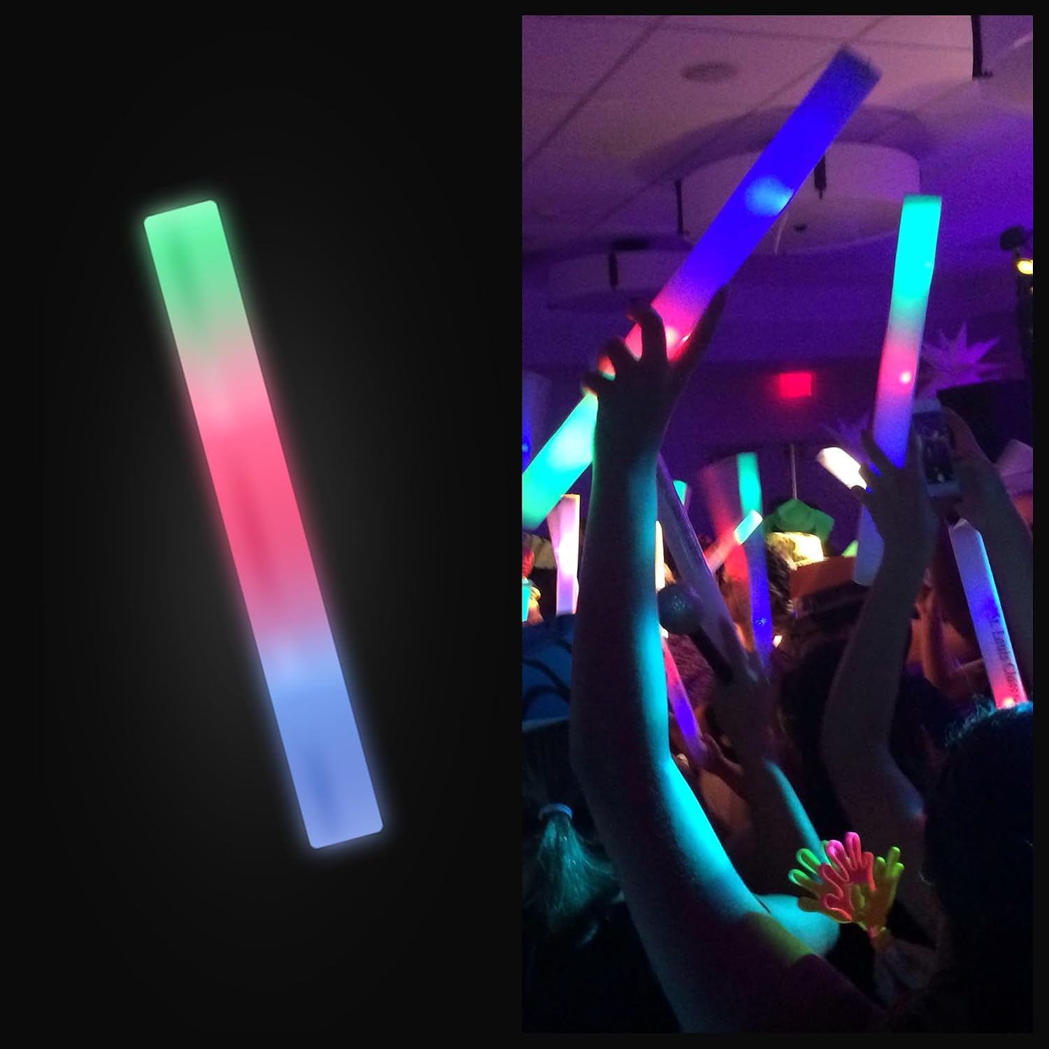 100 Pack - Multicolor LED Foam Sticks Glow Batons - 3 Modes - 18' - Great for Weddings and Parties