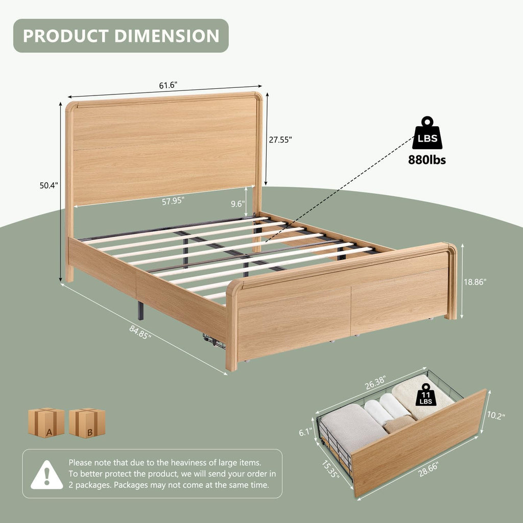 Aitjunz Modern Queen Size Bed Frame with 50' Tall Headboard, Wood Queen Size Platform Bed Frame w/3 Storage Drawers, Curved Profile Design, Wood & Steel Platform Bed, No Box Spring Needed, Natural Oak