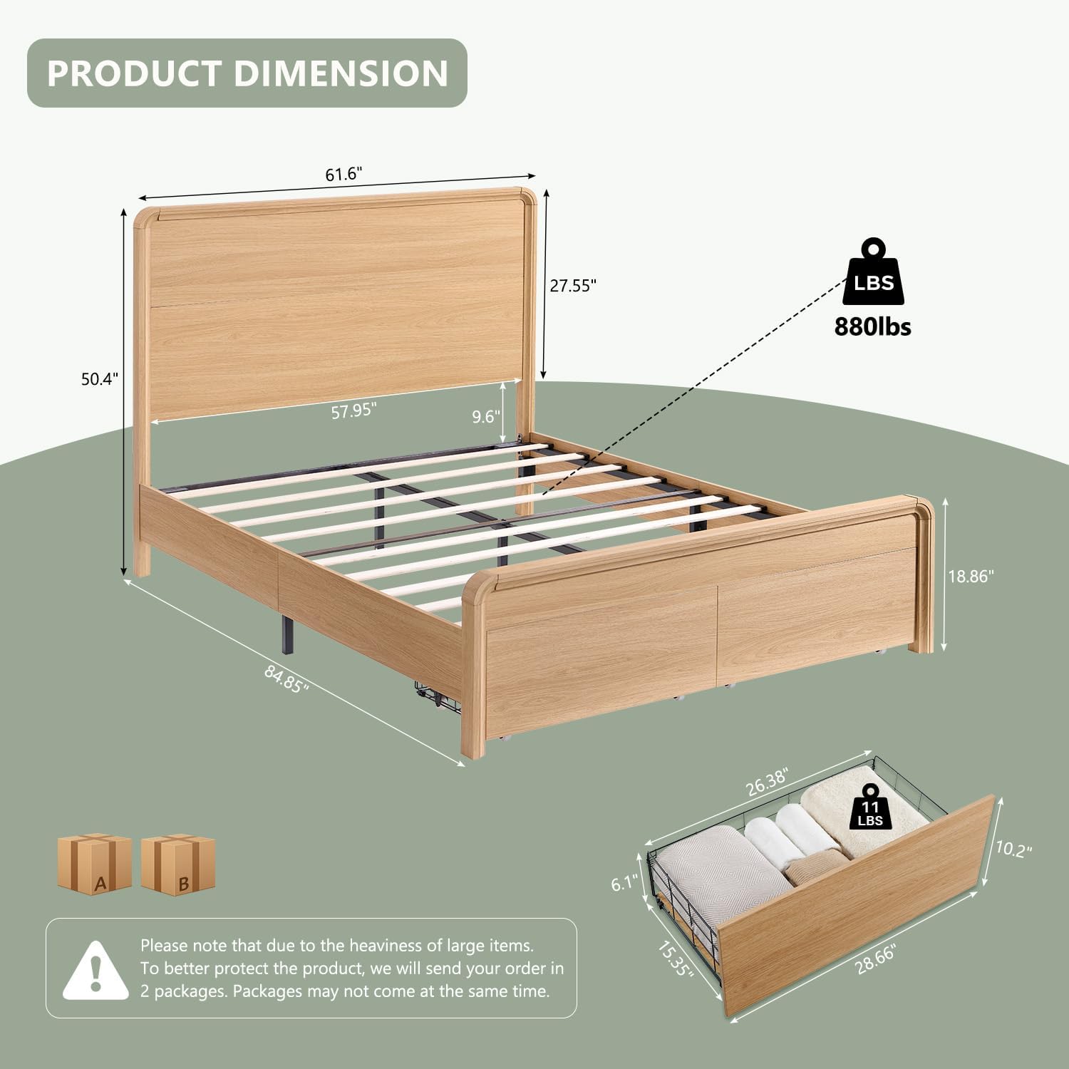 Aitjunz Modern Queen Size Bed Frame with 50' Tall Headboard, Wood Queen Size Platform Bed Frame w/3 Storage Drawers, Curved Profile Design, Wood & Steel Platform Bed, No Box Spring Needed, Natural Oak