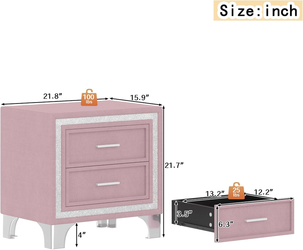 Flieks Bedroom Sets, 3-Pieces Bedroom Sets, Queen Size Upholstered Platform Bed with LED Lights and 2 Nightstands, Pink