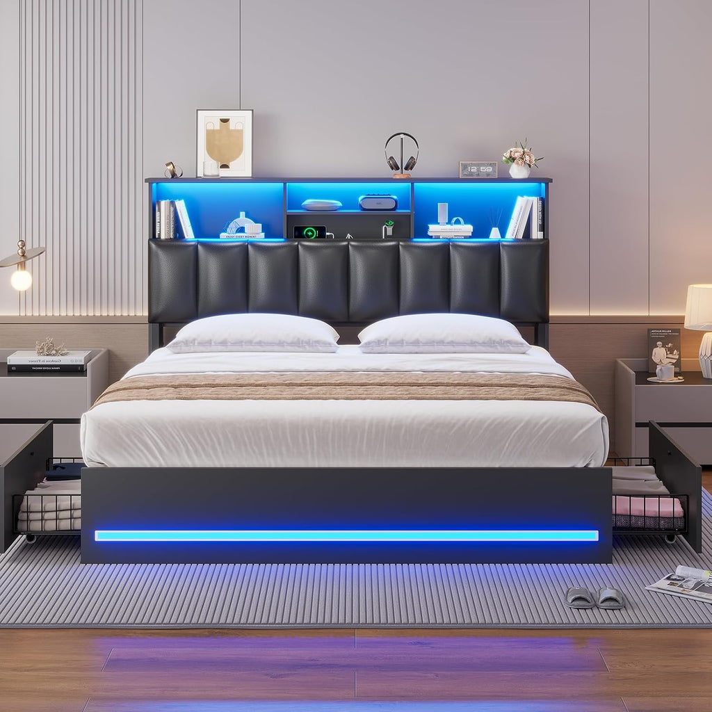 AOGLLATI Full Bed Frame with Stylish Bookcase Headboard & Charging Station & LED Lights,Full Size Bed Frame with 4 Storage Drawers and Metal Slats, No Box Spring Needed,Black