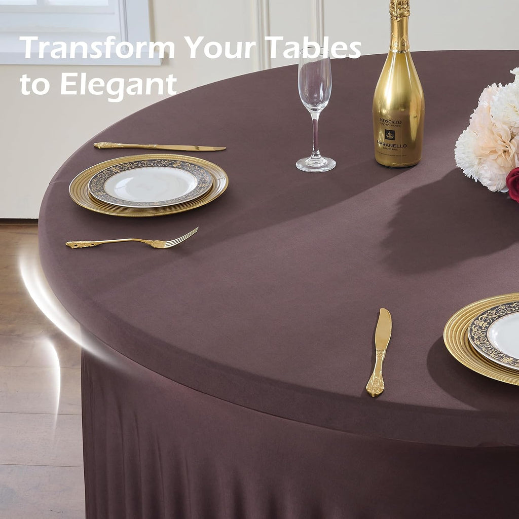 NSSONBEN 6 pk Brown Spandex Round Table Cloths for 60inch Table, Wrinkle Free 120inch Stretchy Fitted 5ft Round Table Covers with Skirt for Wedding Birthday Graduation Parties Banquet Events