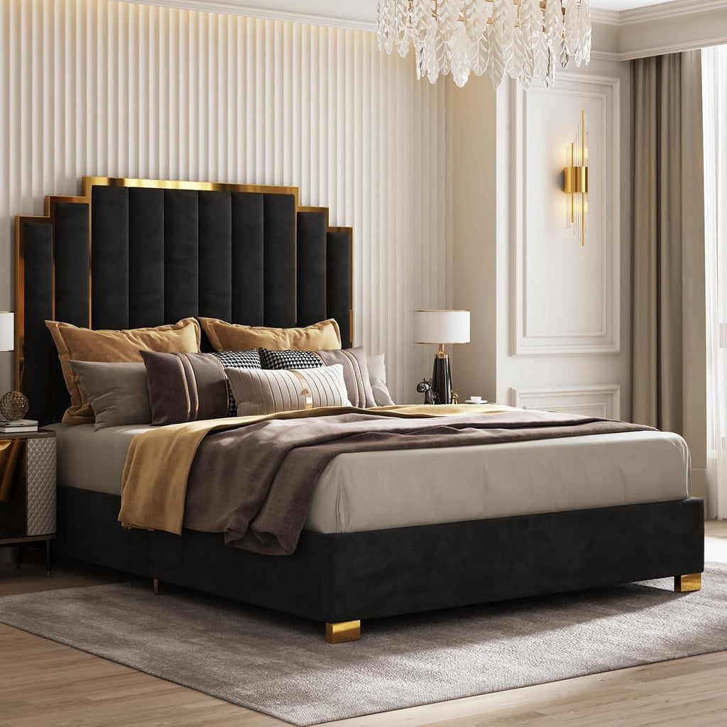 AMERLIFE California King Size Upholstered Bed, Modern Velvet Bed Frame with 65.4' Tall Gold Trim Headboard, No Box Spring Needed, Black