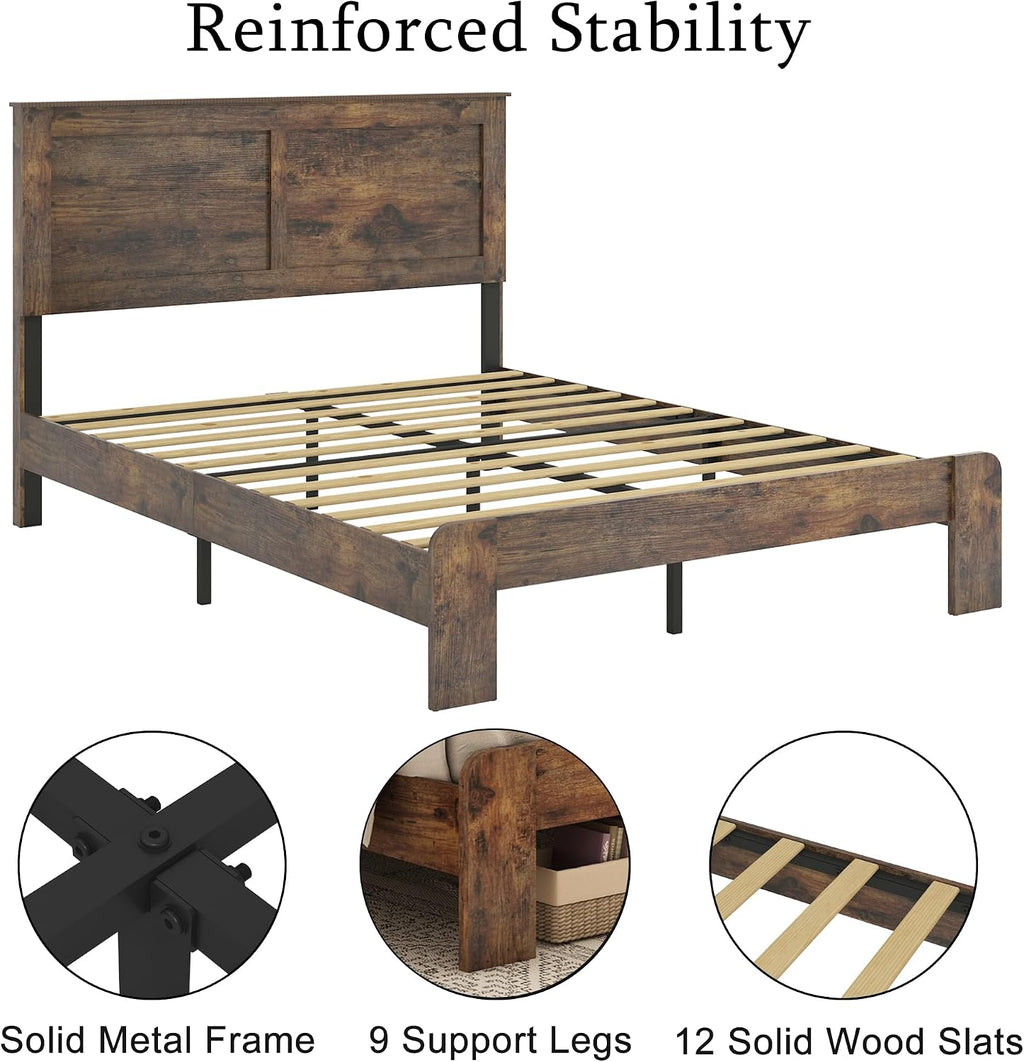 NNOOTK King Size Bed Frame, Rustic Vintage Platform Bed Frame with Wood Headboard and Footboard, 12 Wood Slats Support, No Box Spring Needed (Dark Brown, King)