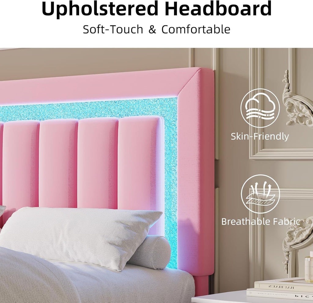 HOMBCK Queen Size Bed Frame with LED Lights and Velvet Adjustable Headboard, Queen Size Bed Frames with Diamond Headboard & Footboard, Wooden Slats Support, Noise Free, No Box Spring Needed, Pink
