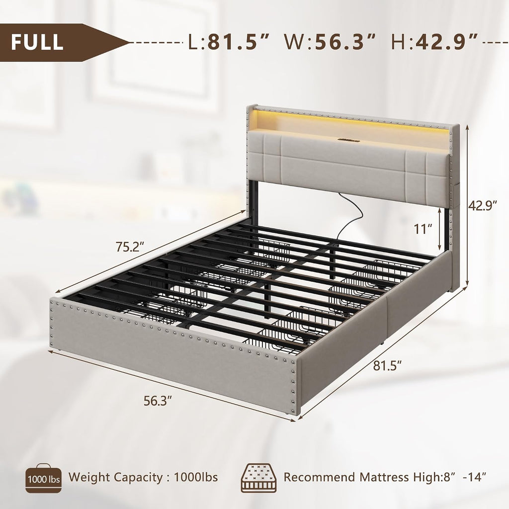 Forestell Full Size Bed Frame with 4 Drawers and Storage Headboard, Upholstered Platform Bed Frame Full Size with LED Lights and Charging Station, Metal Slats Support, No Box Spring Needed, Beige