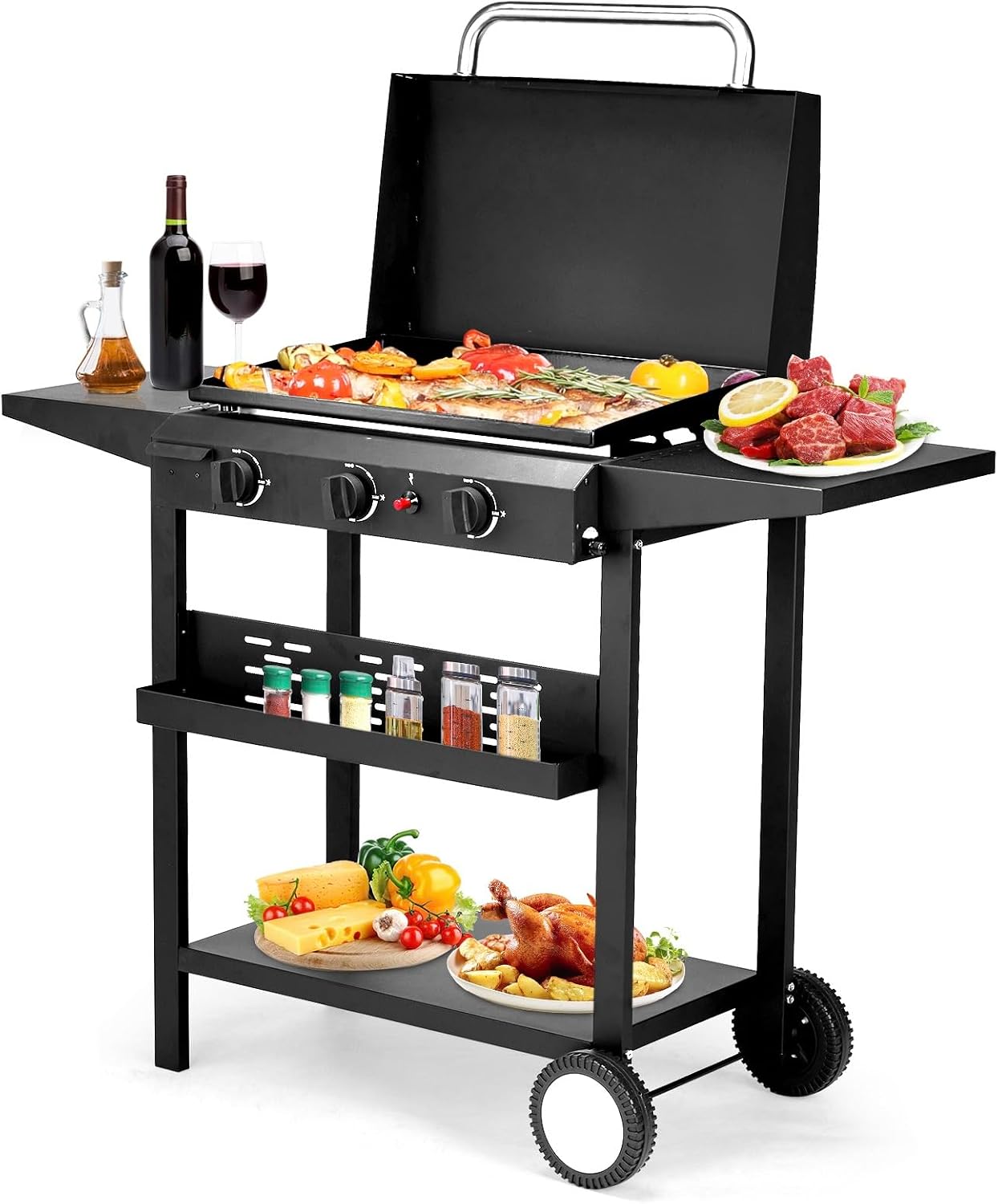 Portable 3-Burner Flat Top Gas Griddle with Side Shelves and Spice Rack, Cooking Station with Ceramic Coated Cast Iron Pan, 30000 BTU Propane Tabletop Griddle for Outdoor Barbecue, Grilling
