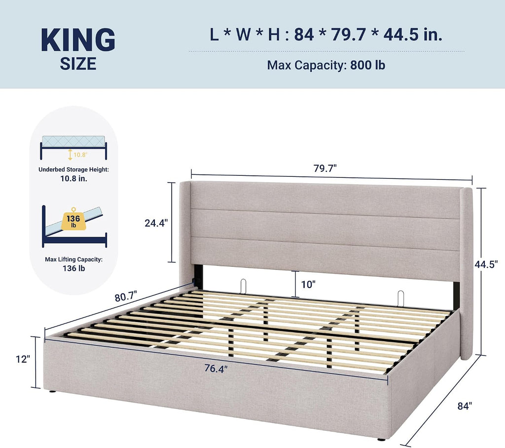 Allewie King Size Lift Up Storage Bed, Modern Wingback Headboard, Hydraulic Support, No Box Spring Needed, Light Beige