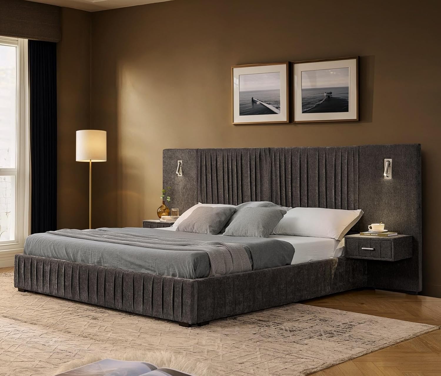 KEIKI Queen Size Chenille Bed Frame with 2 Nightstands, Lamps & Oversize Headboard, Solid Wood Frame Platform Night Stand Bedroom Set, Upholstered Floor Grounded Bed, No Box Spring Needed, Dark Grey
