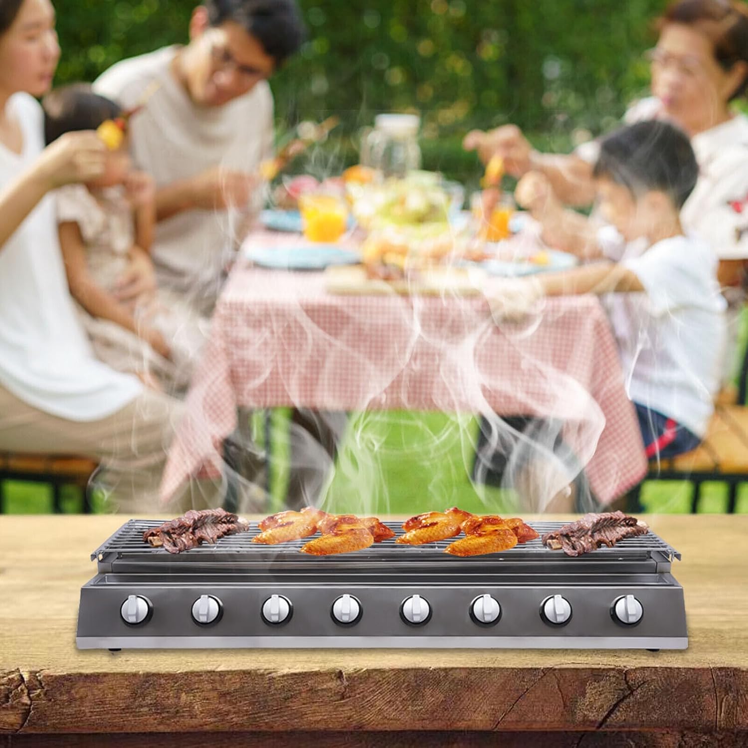 Tabletop Grill Commercial LPG Gas BBQ Grill w/ 8 Burners Portable Gas Barbecues Griddle w/ 8 Independent Switches Gas Grill Griddle for Parties, Backyard barbeques, Camping or Picnicking