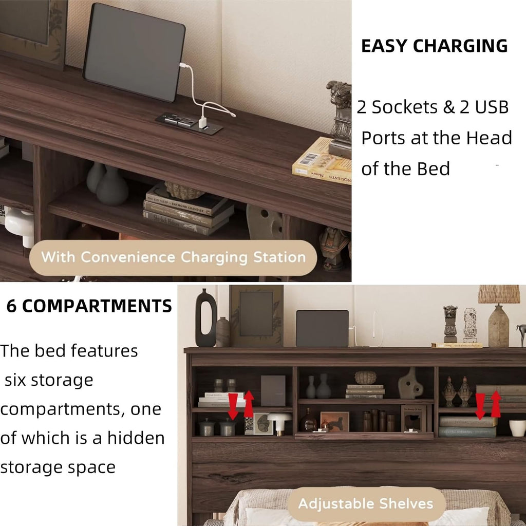 Merax 4-Pcs Queen Size Bed Frame & Dresser & 2 Night Stand Bedroom Set, Platform Bed with USB Charging Ports Storage Headboard, Cabinet Dresser with 5 Drawers, Nightstands, Wooden, Dark Walnut