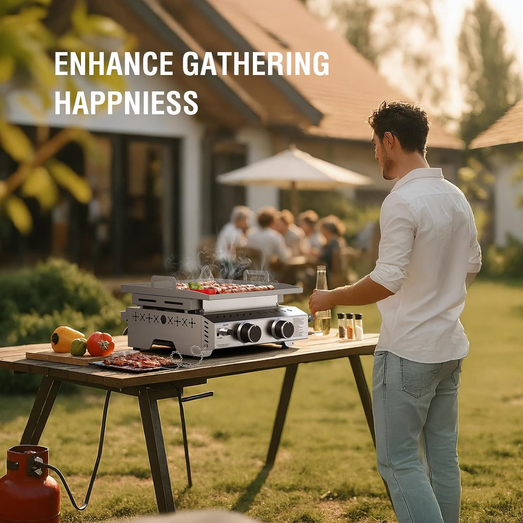Electactic Portable 2 Burner Flat Top Grill, 23' Table Top Gas with Handle, 333 Sq. In. Cooking Area, 16000 BTU Outdoor Griddle for Kitchen, BBQ, Camping, Stainless Steel