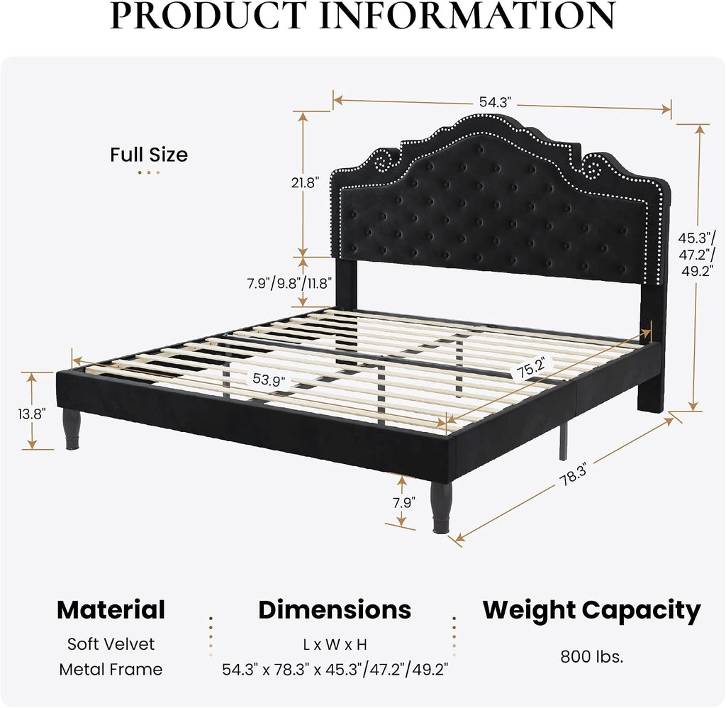 SHA CERLIN Full Size Bed Frame with Adjustable Headboard/Velvet Upholstered/Diamond Button Tufted and Metal Studs/No Box Spring Needed/Wood Slat Support/Easy Assembly/Black