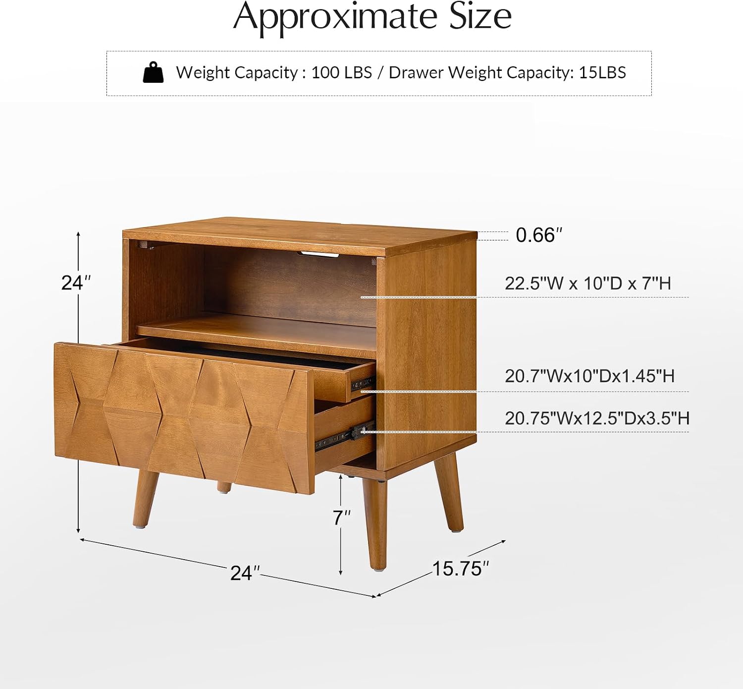 HULALA HOME Mid Century Modern Nightstand with Solid Wood Legs,Drawer Organizer with Charging Station, Geometric Pattern Nightstand Set of 2, Acorn