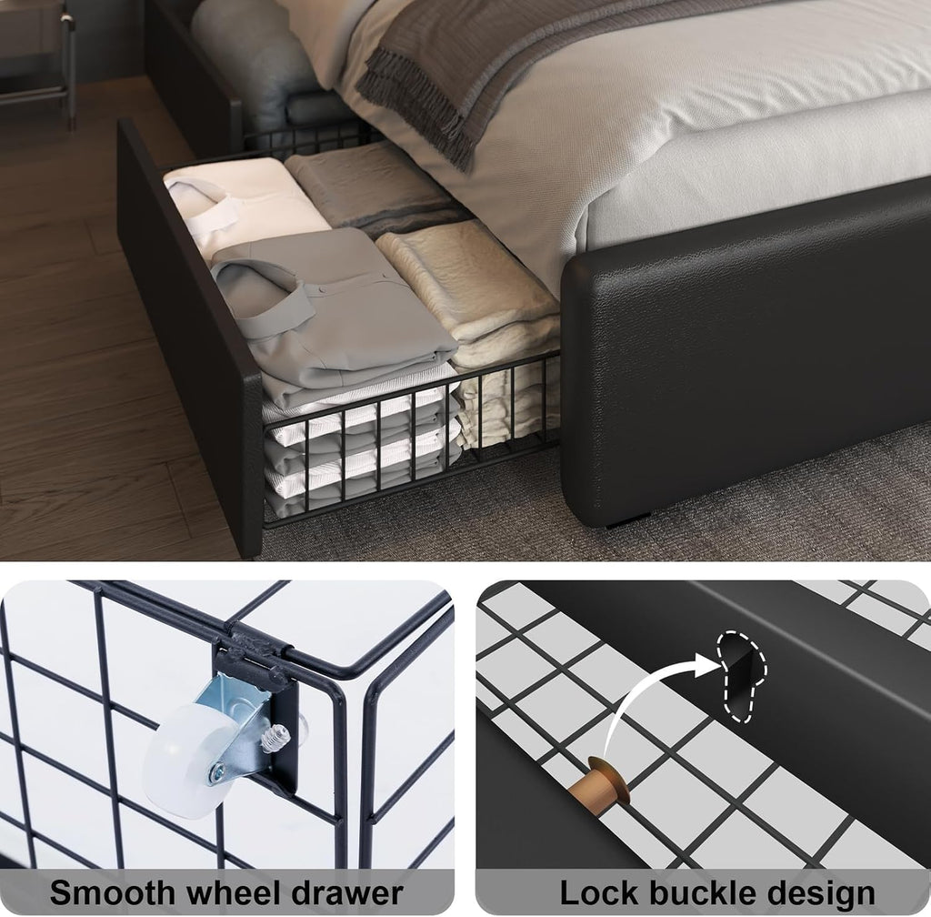 Benevika Full Bed Frame with 4 Storage Drawers and Adjustable Headboard, Upholstered Platform Bed with LED Lights and USB Ports, Solid Wooden Slats Support, Faux Leather, Easy Assembly, Black