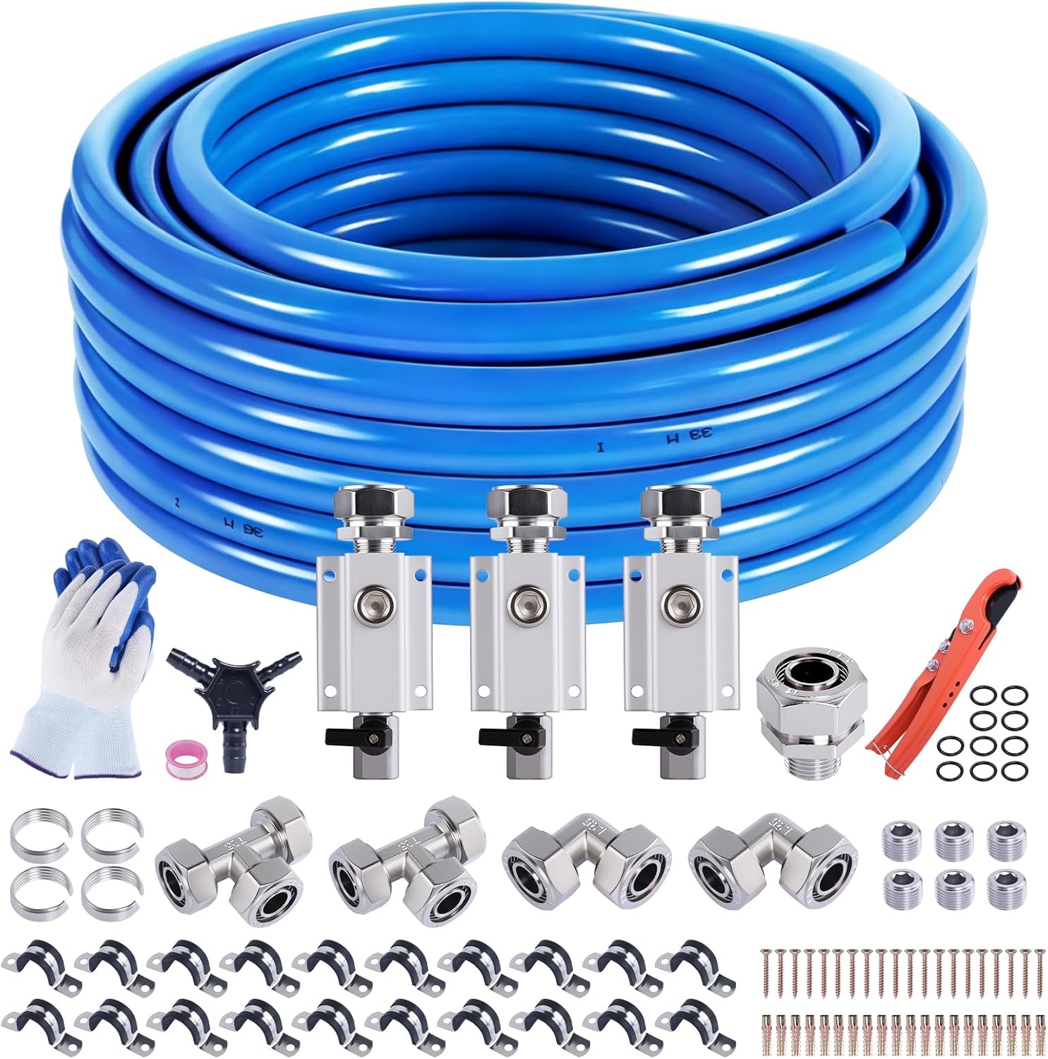 Shop Air Line Kit 3/4' 100FT Compressed Air Piping System HDPE-Aluminum-HDPE Air Tubing with 4-Way Aluminum Blocks Brass Valves Air Piping Fittings Kit Air Compressor Accessories for Garage