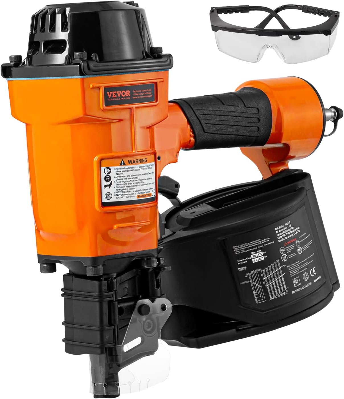 VEVOR Coil Siding Nailer MCN70, 1-3/4' to 2-3/4' 15 Degree Pneumatic Siding Nail Gun, 70-120PSI Air Coil Nailer for Pallet, Crating, Framing, Siding and Fencing