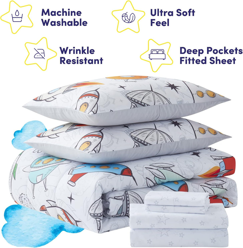 Kids Bedding Set Bed in a Bag for Boys and Girls Toddlers Printed Sheet Set and Comforter, Twin, Floating in Space (Pack of 4)