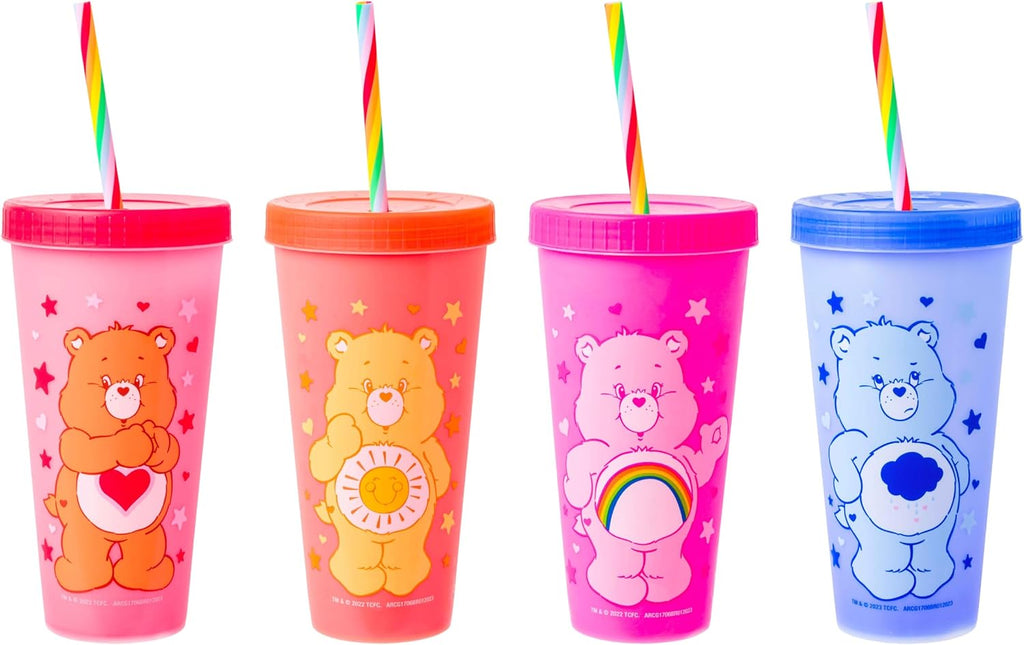 Silver Buffalo Care Bears Hearts and Stars 4 count Plastic Color Changing Tumblers with Rainbow Swirl Straws Featuring Tenderheart, Funshine, Cheer, and Grumpy Bear 24 Ounces (Pack of 12)