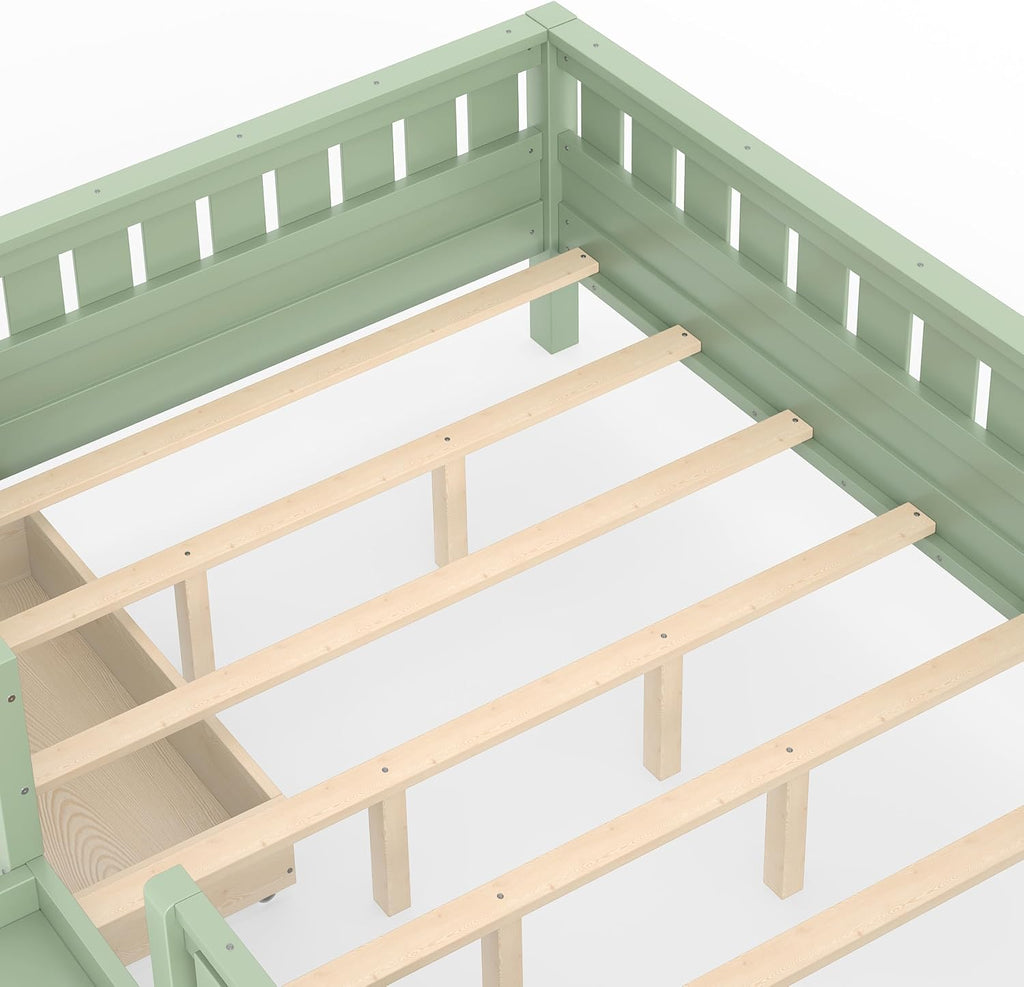 Bellemave Queen Size Montessori Bed with Stairs, Rails and Slats, Queen Size Montessori Floor Bed with Bookshelf and 2 Storage Drawers, Easy Assemble Beds Frame for Girls, Boys, Avocado Green