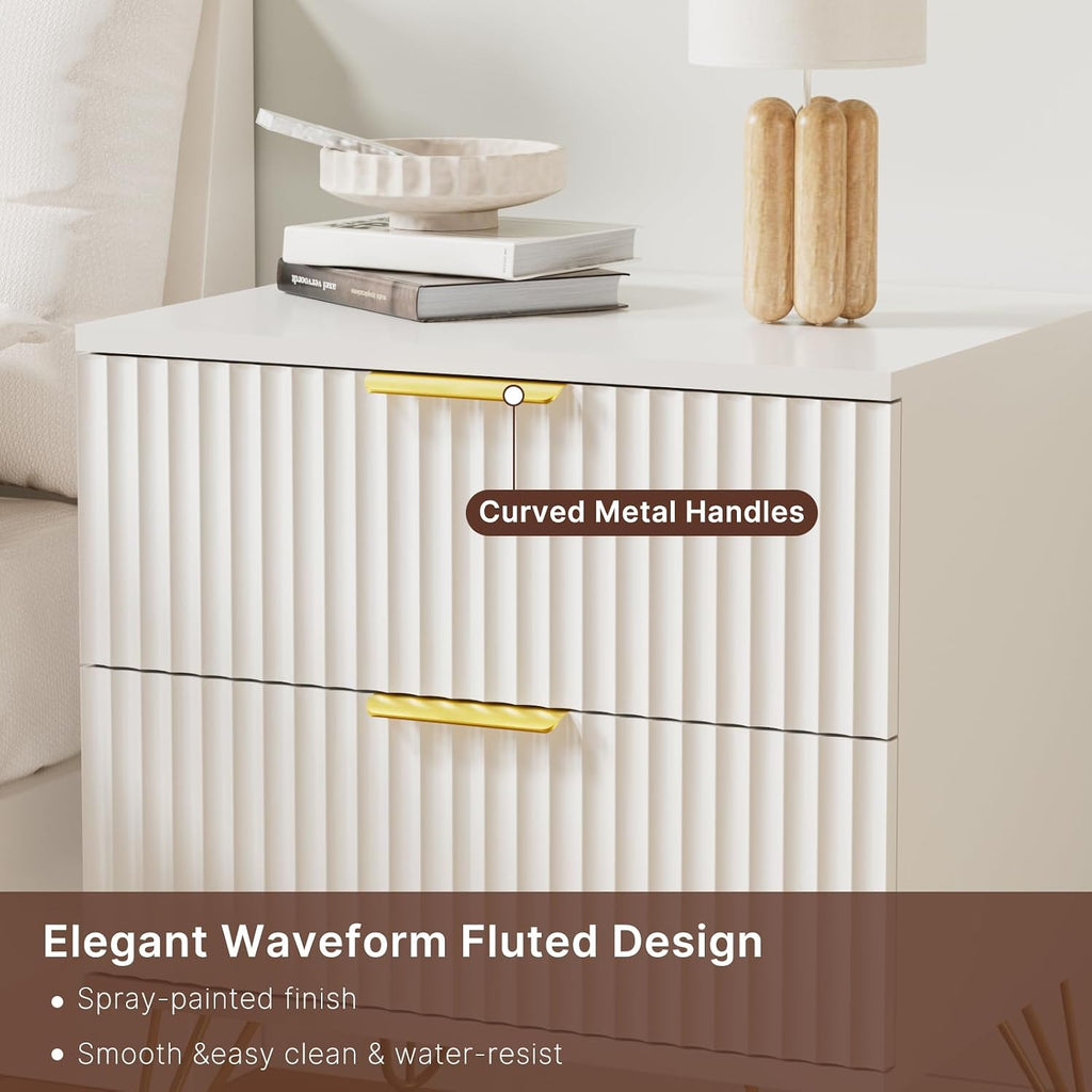 Dresser and Nightstand Sets, 6 Drawer Dresser Set for Bedroom 3 Piece, 55' Wide Wooden Fluted White Dressers W/Metal Handle & Night Stand Set of 2, Modern Bedroom Furniture Sets, White