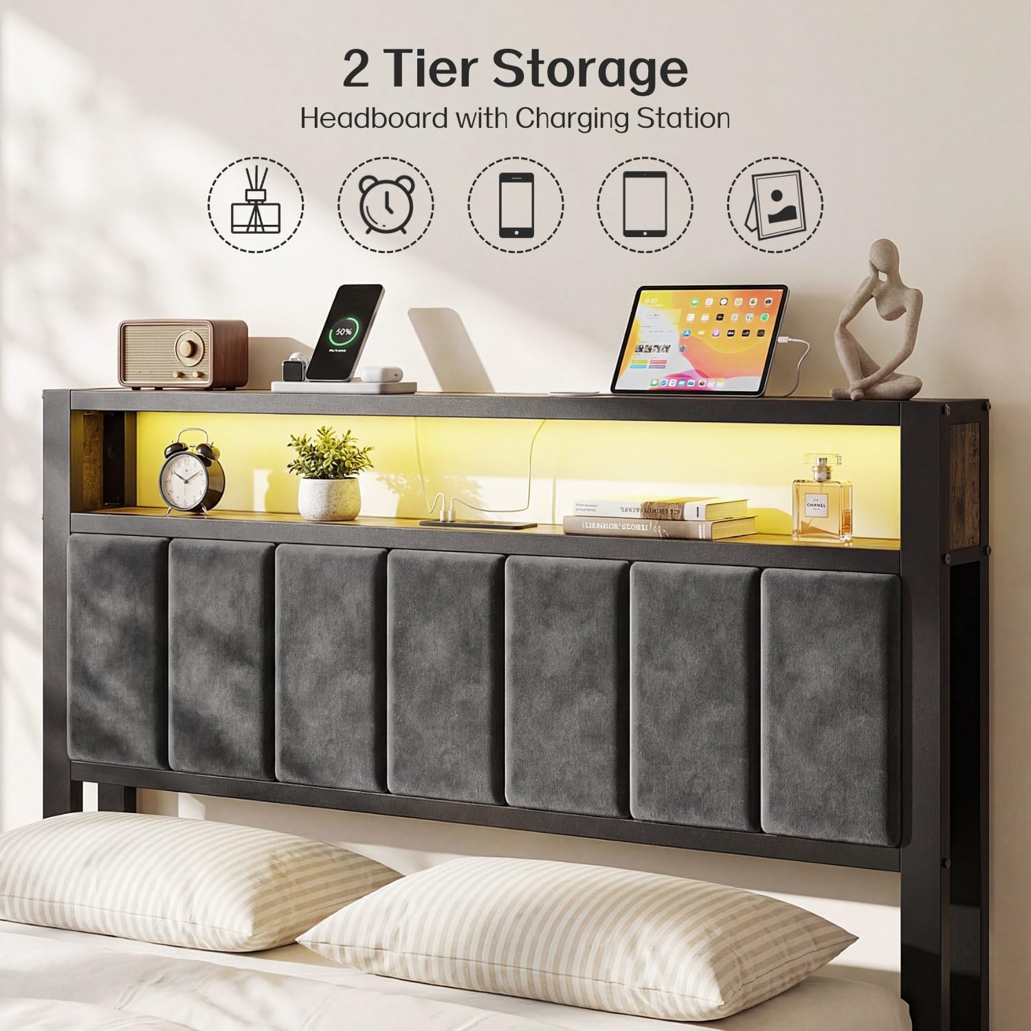 OLEVS Full Bed Frame Metal Platform Bed Queen Size with 2-Tier Storage & LED Light Headboard & Footboard, Charging Station Type C, No Box Spring Needed