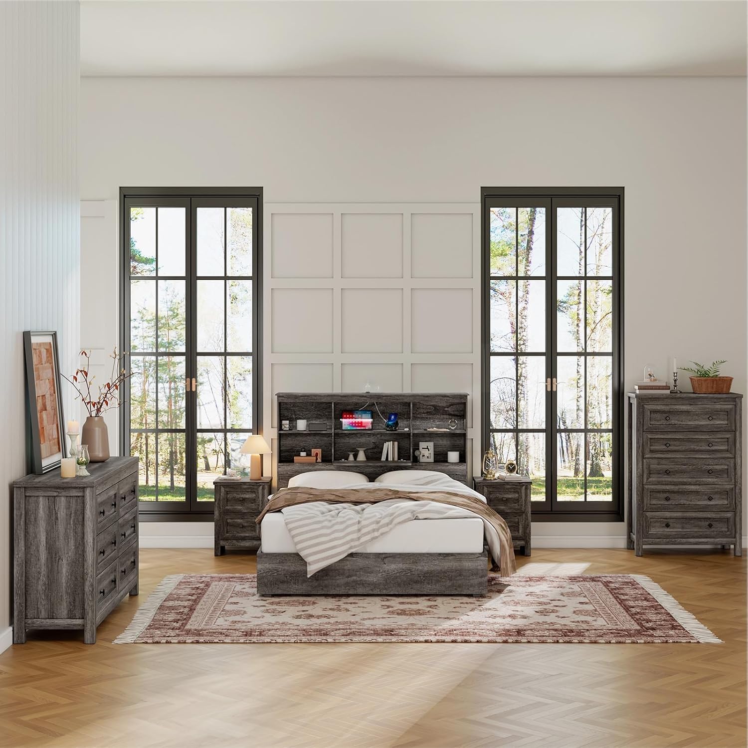 LUXOAK 4 Pieces Farmhouse Bedroom Furniture Set, 1 X 5 Drawer Dresser, 1 X Rustic 6 Drawer Storage Dresser, Nightstand Set of 2 with Charging Station, Farmhouse Bedroom Set, Grey