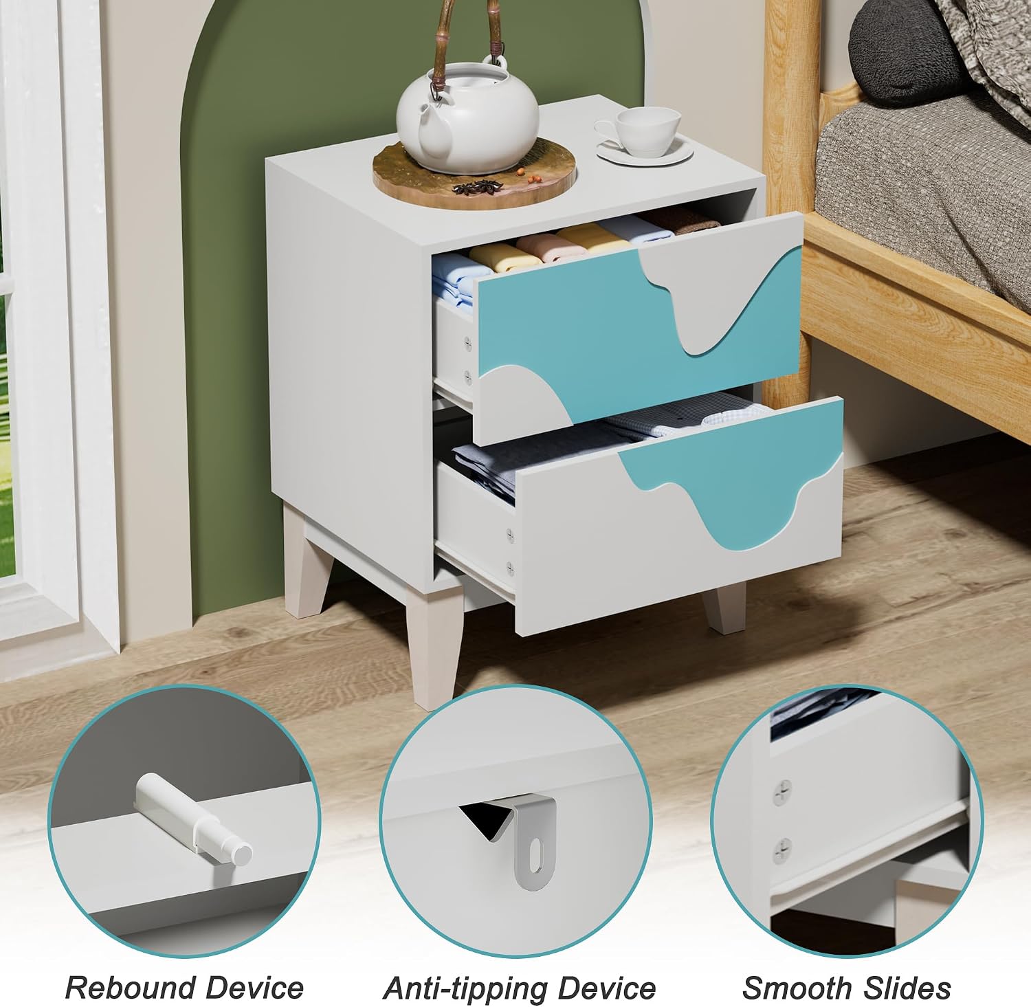 UEV 9-Drawer Dresser & 2 Nightstands Set - 3 Piece Modern Bedroom Furniture Set, 63' Wide Wooden Chest of Drawers with Flowing Water Pattern,2-Drawer Night Stands for Bedroom (White/Blue
