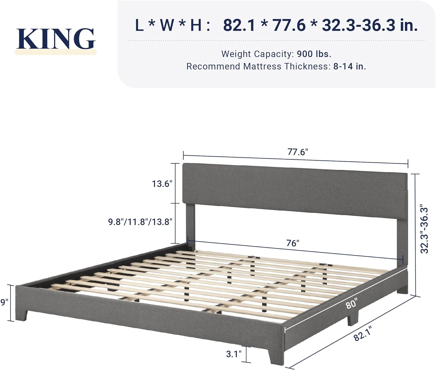 Allewie King Size Bed Frame with Adjustable Headboard, Upholstered Platform Bed with Wood Slats, Heavy Duty Mattress Foundation, No Box Spring Needed, Noise-Free, Easy Assembly, Dark Grey
