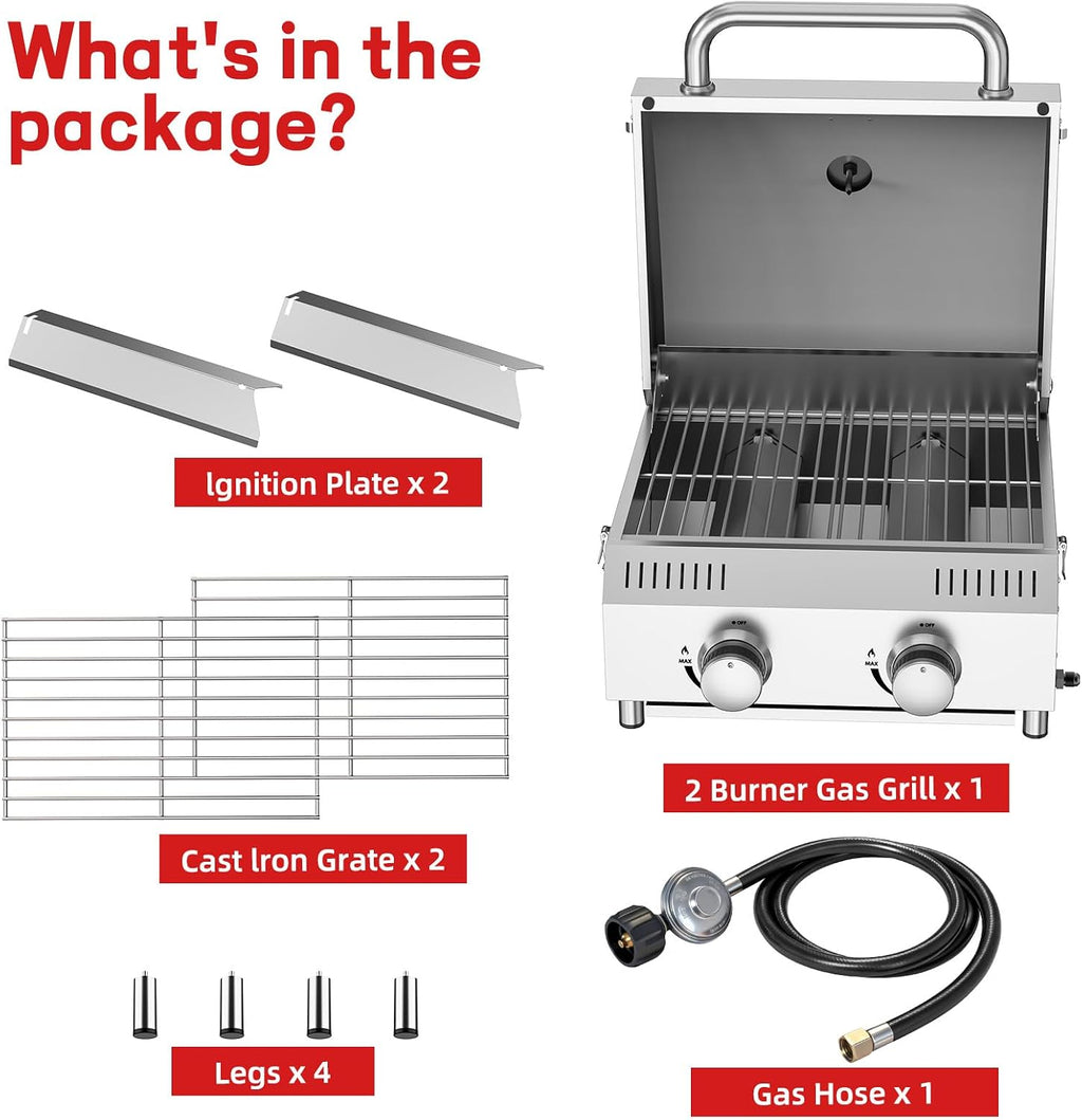 Veralune Tabletop Gas Grill, Small Propane Grill, Portable 2 Burner Gas Grill, Locking Lid, 20,000 BTUs, Built-in Thermometer, Stainless Steel