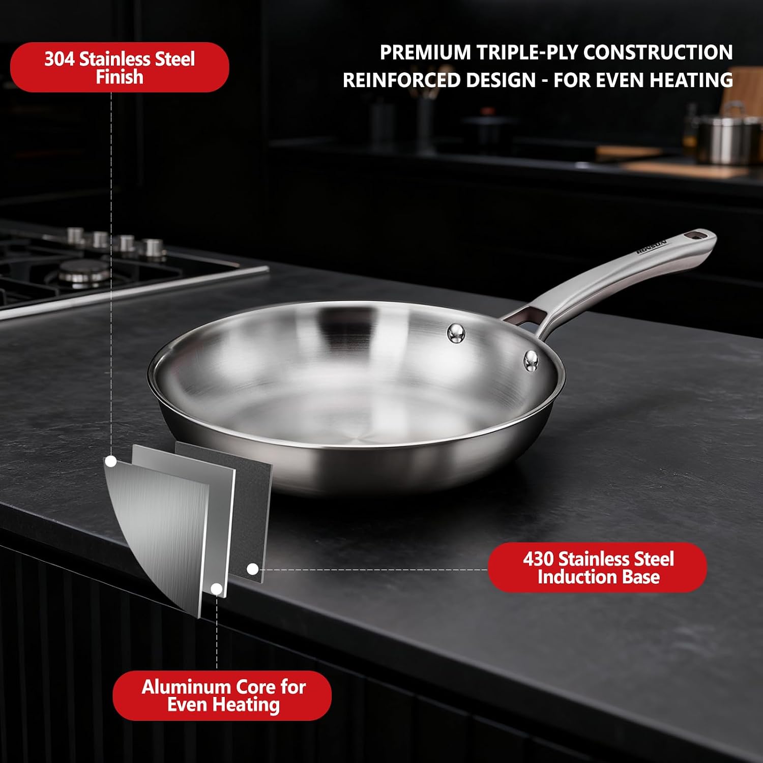 ROVSUN 11-Pcs Stainless Steel Cookware Set, Tri-Ply Pots and Pans Set, Non-Toxic Kitchen Set, PFOA & PTFE Free, Full Clad Frying Pans, Saucepans, Saute Pan & Stock Pot, Compatible for All Cooktops