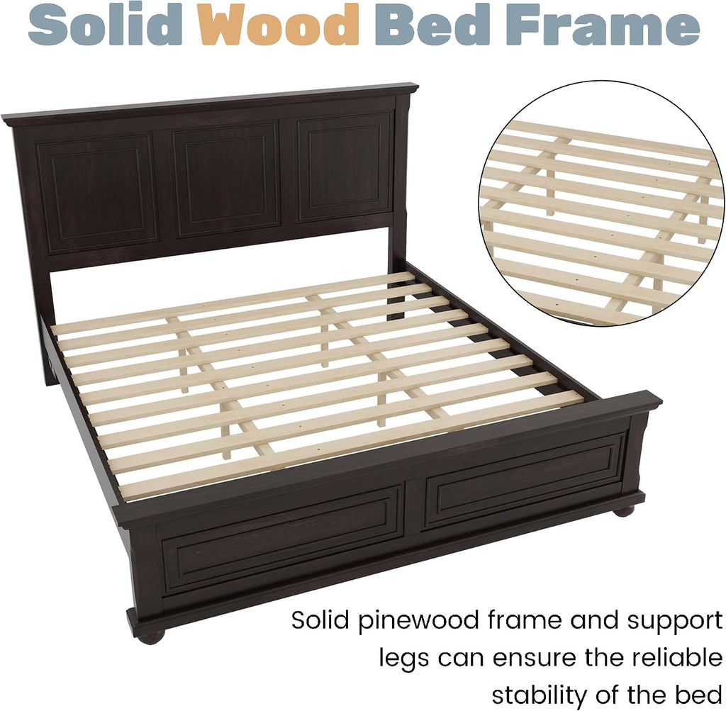 Wood Bed Frame King with Tall Headboard & Footboard, Traditional King Panel Bed with USB Charging Station for Bedroom, Guest Room, Easy Assembly, No Box Spring Required,Brown