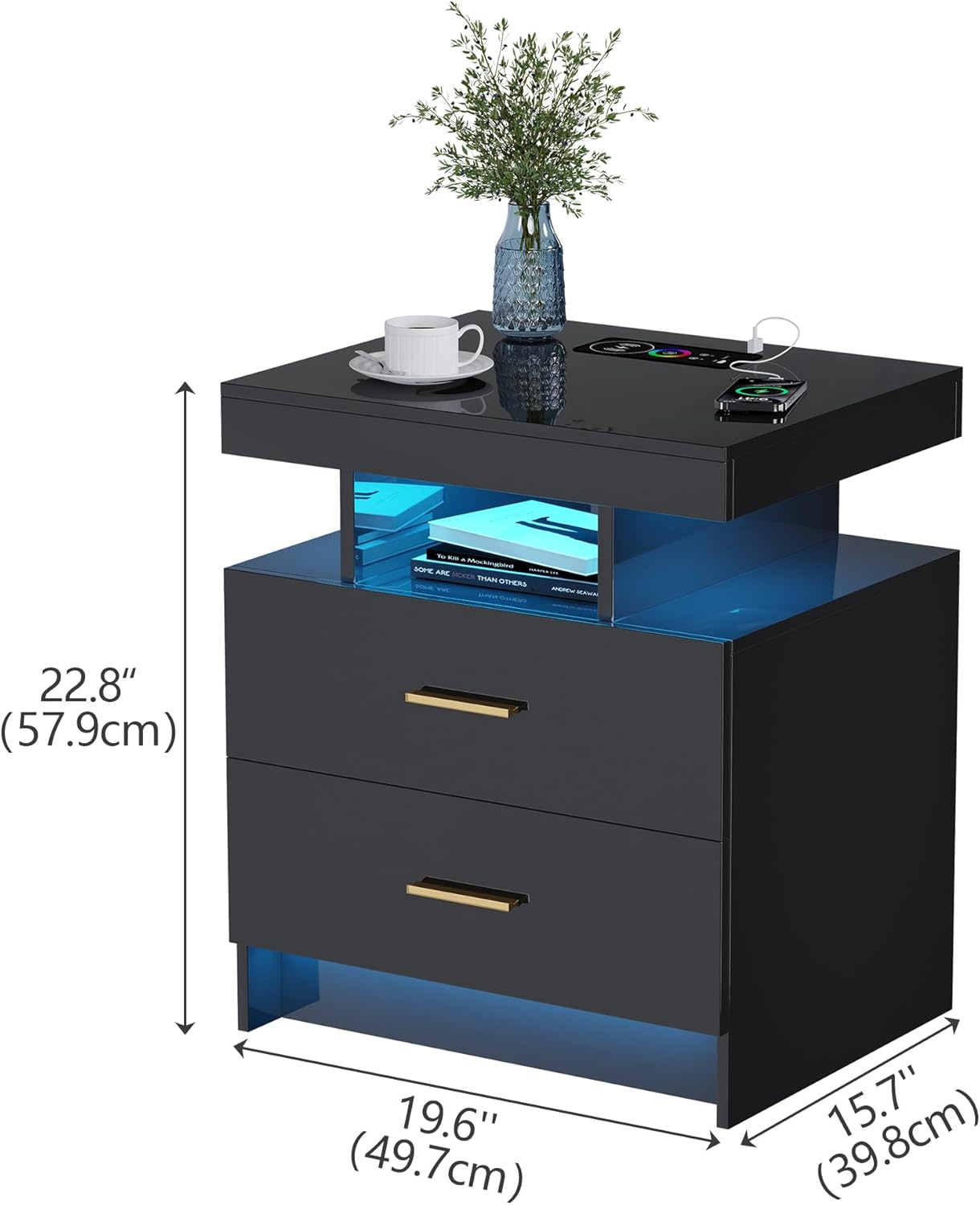 Lvifur Nightstand with Wireless Charging Station - Modern Night Stand with RGB Lights, Glossy Bedside Table with Drawers for Bedroom, End Table with Human Body Induction (Black)