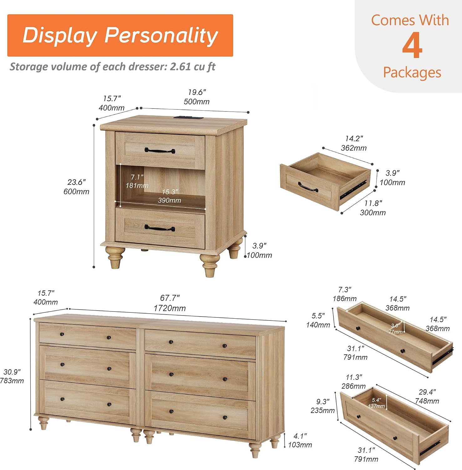 WAMPAT 4 Piece Dresser and Nightstand Sets - Includes Two Farmhouse 3 Drawer Dressers for Bedroom, Set of 2 Side Tables Bedside Table with Charging Station, 4 Piece Bedroom Set, Oak