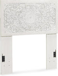 Signature Design By Ashley Paxberry Twin Boho Headboard, Wood, 48.5' High, Whitewash Replicated Worn Through Paint, Carved Medallion, Adjustable Height, Distressed White (Headboard Only)
