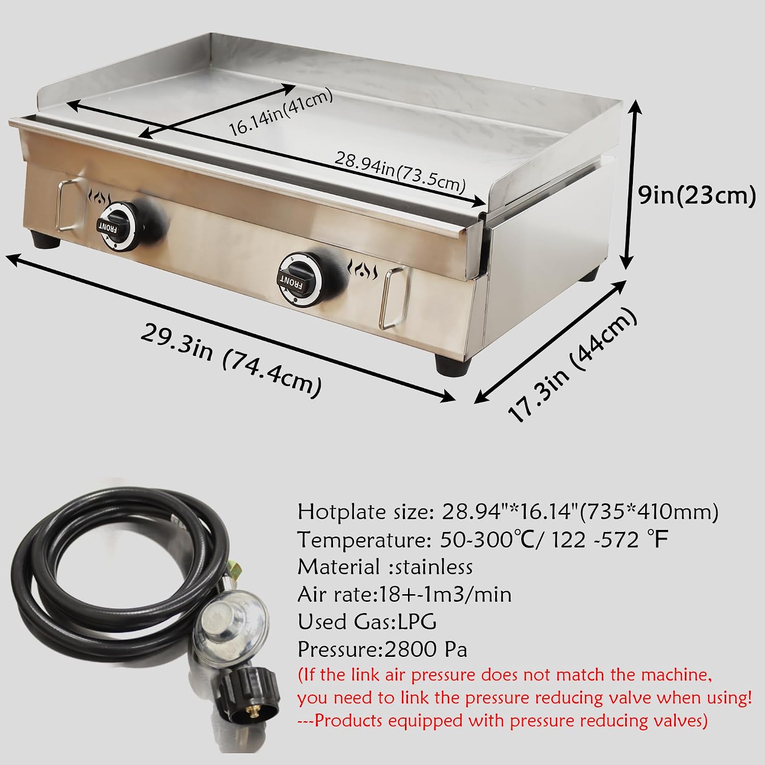 29'' Commercial Restaurant Gas Countertop Griddle LPG Gas Grill Griddle Flat Top Gril 16.14 * 28.94 in with Adjustable Temperature Control