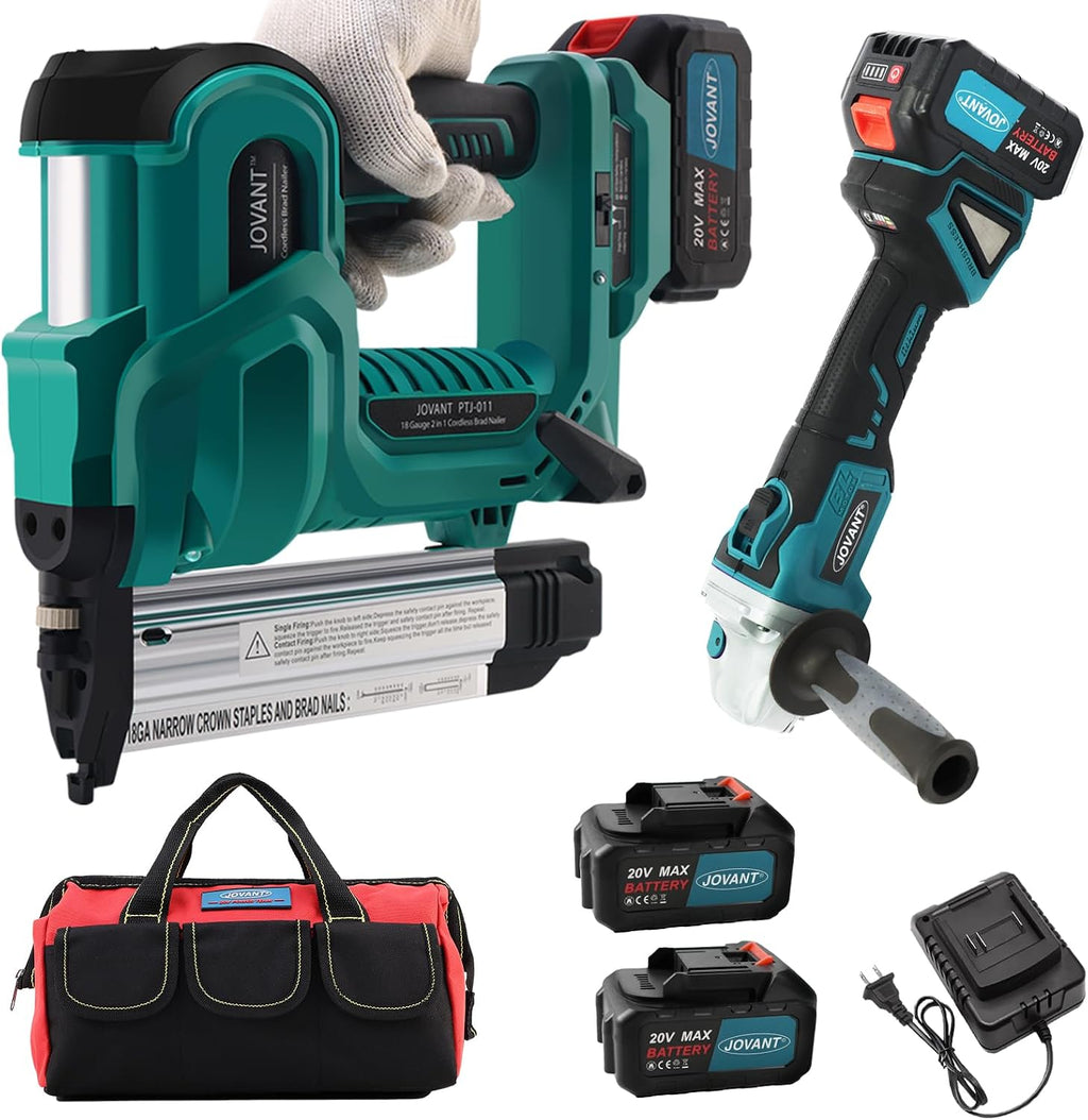 Cordless 18GA Nail Gun and 7/8' Angle Grinder, 2 in 1 Brad Nailer Cordless with 2 * 4.0A Batteries, for Woodworking, Flooring, Roofing and Upholstery JOVANT