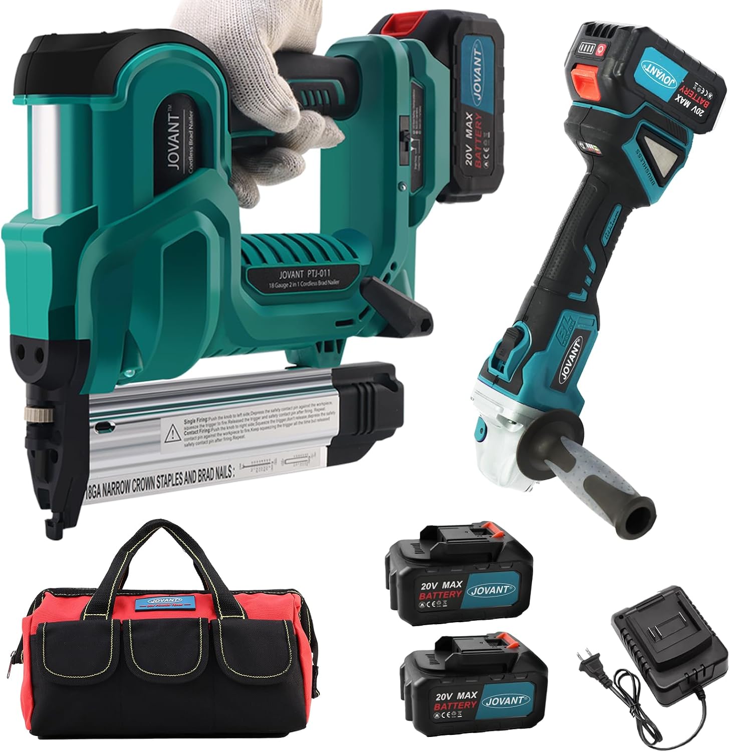 Cordless 18GA Nail Gun and 7/8' Angle Grinder, 2 in 1 Brad Nailer Cordless with 2 * 4.0A Batteries, for Woodworking, Flooring, Roofing and Upholstery JOVANT