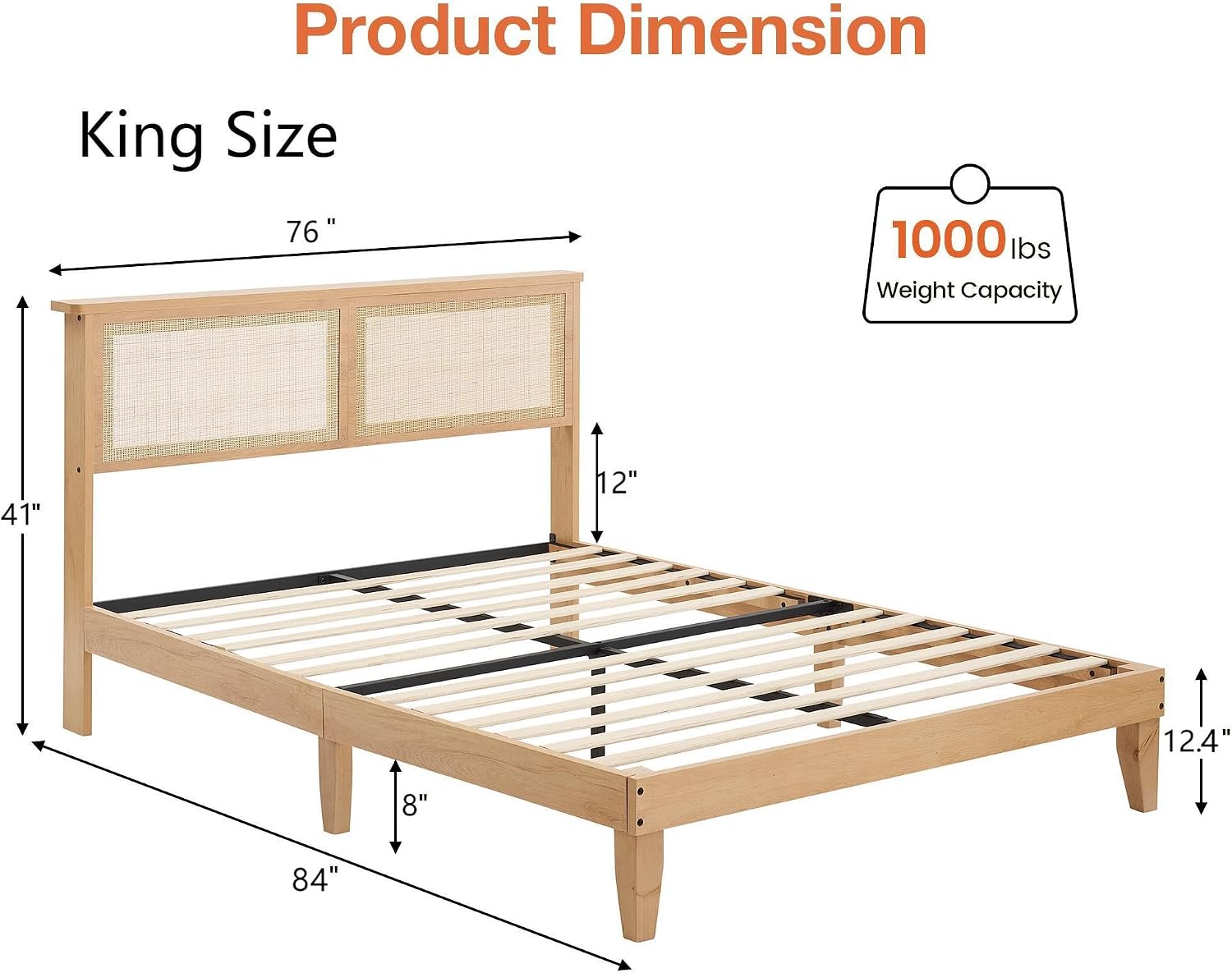 coucheta King Size Rattan Bed Frame,Bohemian Rattan King Bed Frame with Natural Headboard, LED Lights,Solid Wood Foundation with Silent Slats,No Box Spring Needed (King)