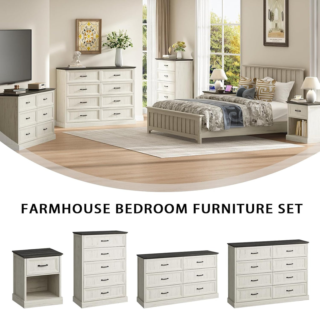CARPETNAL Farmhouse Dresser and Nightstand Sets for Bedroom, 3 Pcs Bedroom Set, 8 Drawer Dresser & Nightstand Set of 2, Modern Wood Chest of Drawers for Bedroom Living Room, Entryway, White