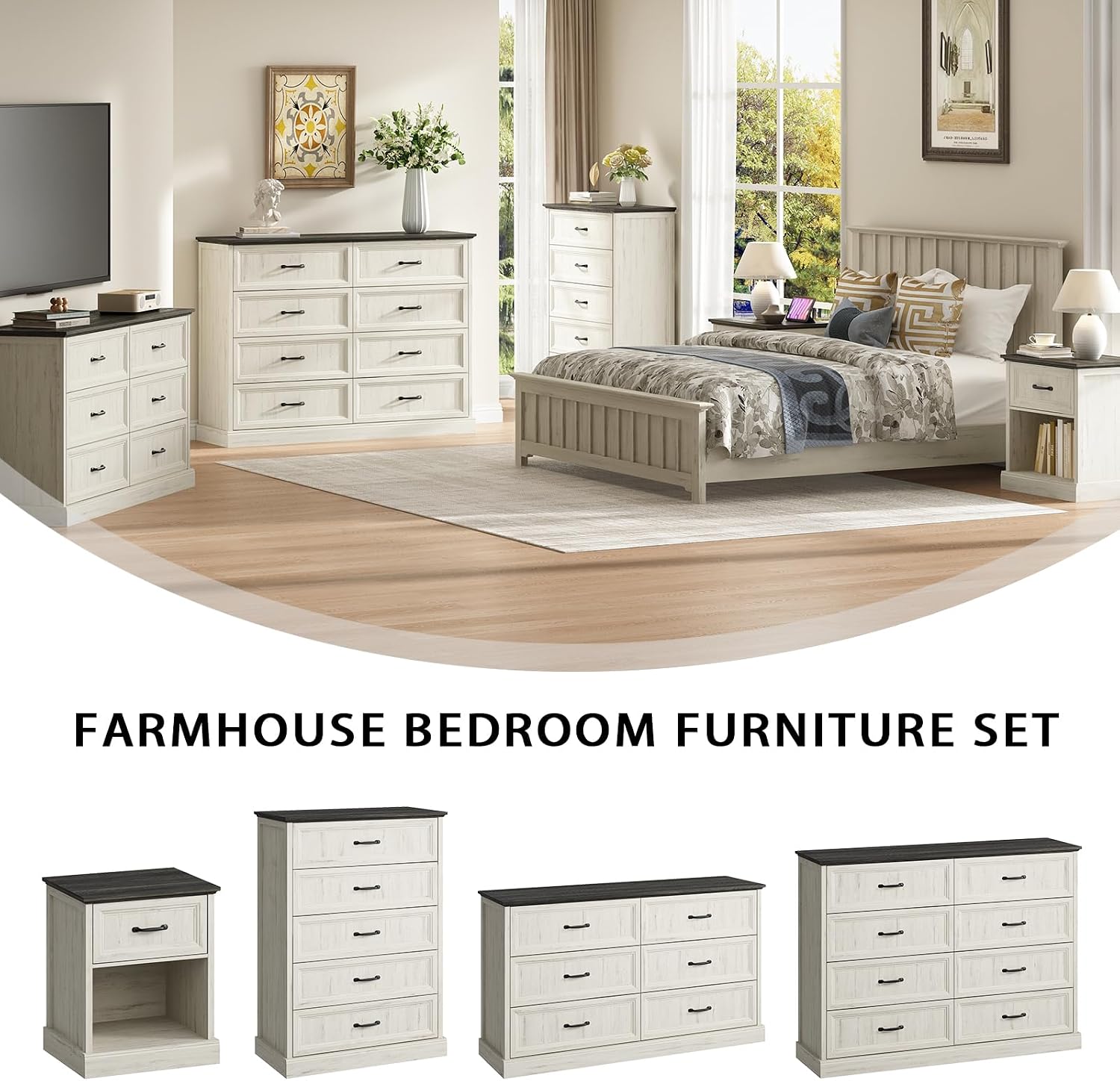 CARPETNAL Farmhouse Dresser and Nightstand Sets for Bedroom, 3 Pcs Bedroom Set, 8 Drawer Dresser & Nightstand Set of 2, Modern Wood Chest of Drawers for Bedroom Living Room, Entryway, White