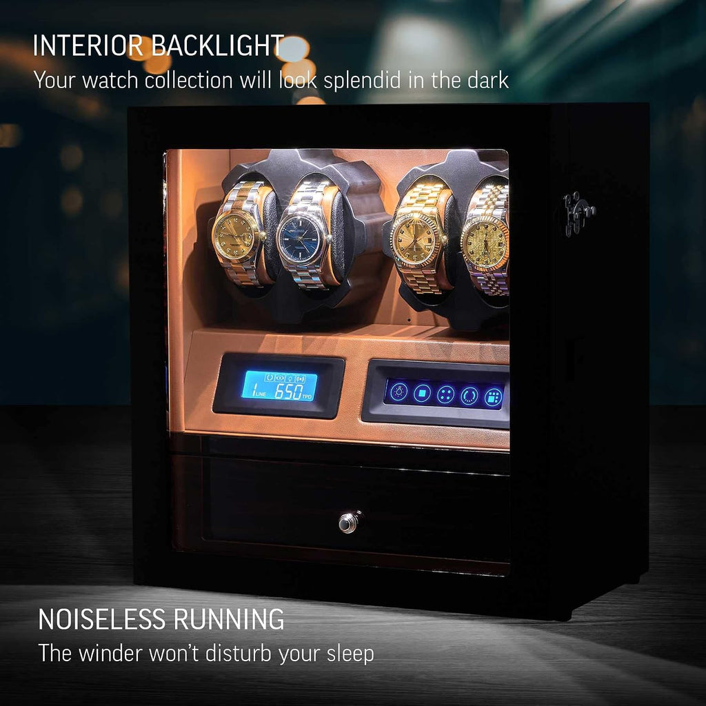 4 Watch Winder with 5 Watch Storage Space, LCD Display, Touch Control and Interior Light