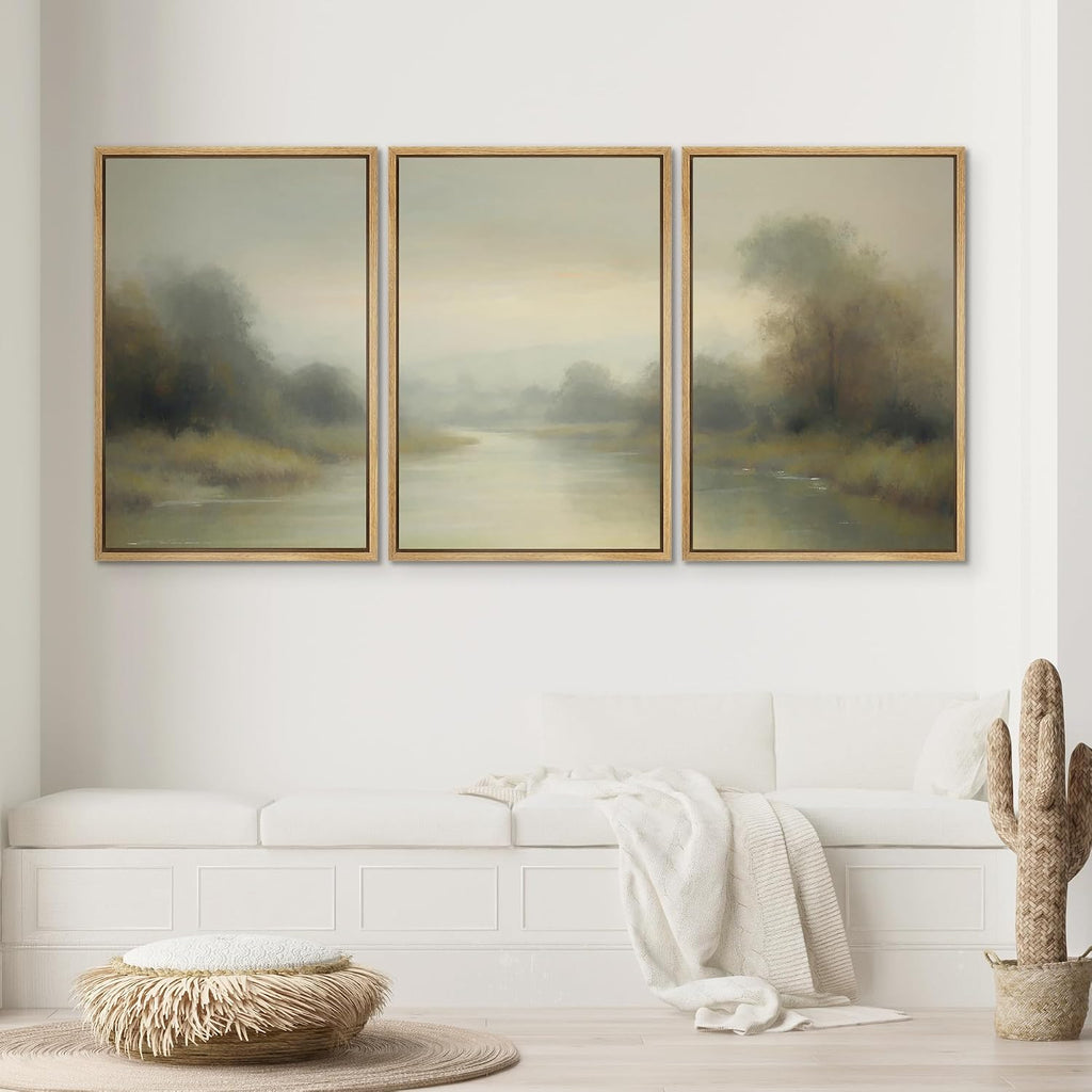 SIGNWIN Framed Wall Art Print Set Misty River Landscape Soft Neutral Nature Scene Photography Modern Art Closeup Relax/Calm Dark for Living Room, Bedroom, Office - 24'x36'x3 Natural