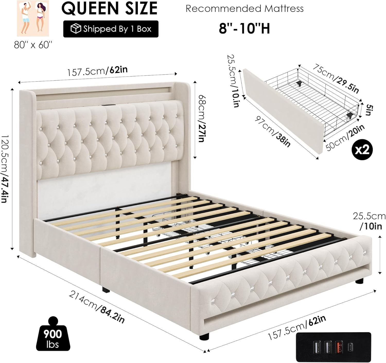 HIFIT Queen LED Bed Frame with Charging Station and 2 Storage Drawers, Velvet Upholstered Platform Bed with Handcrafted Crystal Button Wingback Headboard, Metal Frame with No Box Spring Needed, Beige