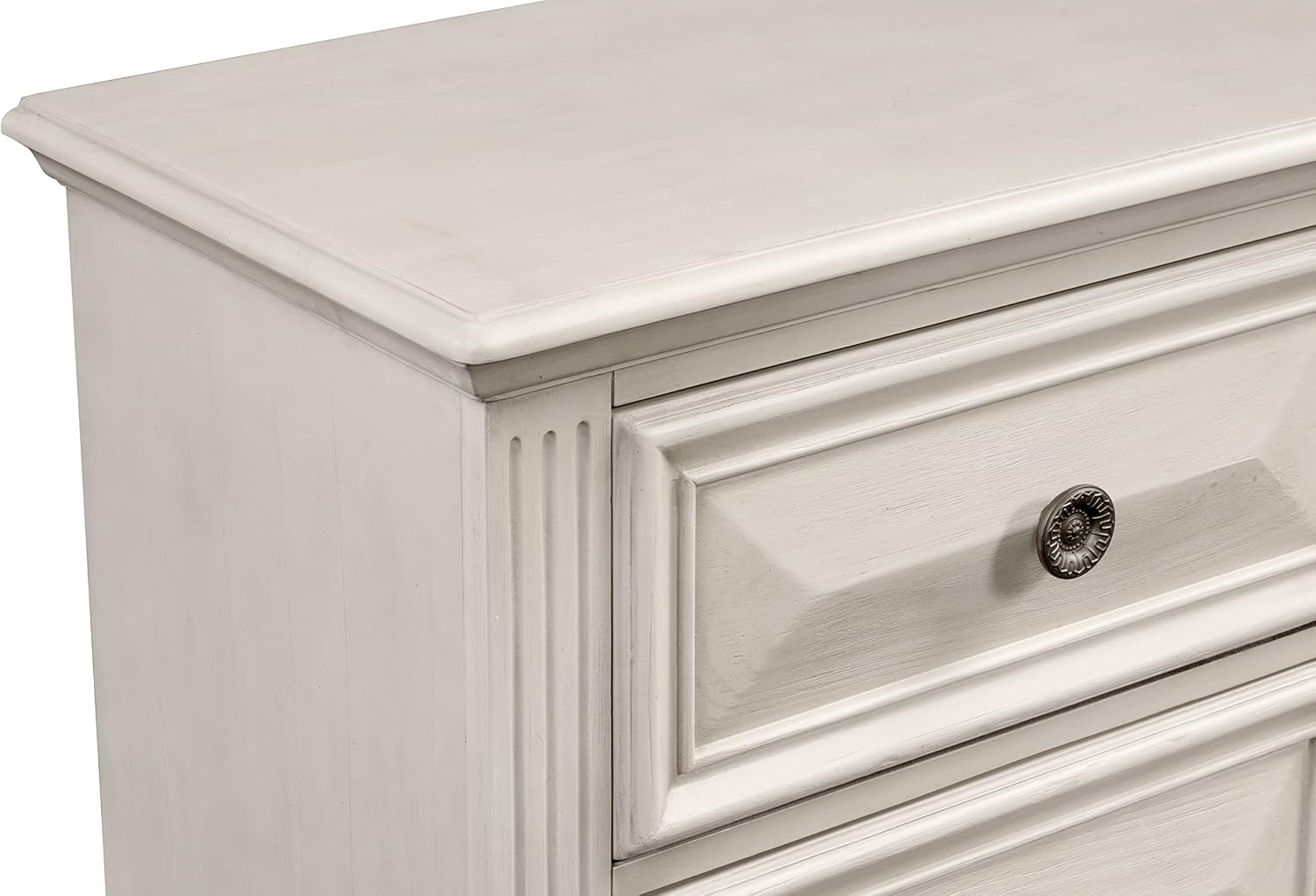 Roundhill Furniture Renova Distressed Parchment Wood Bedroom Set, Panel Bed, Dresser, Mirror, Nightstand, King
