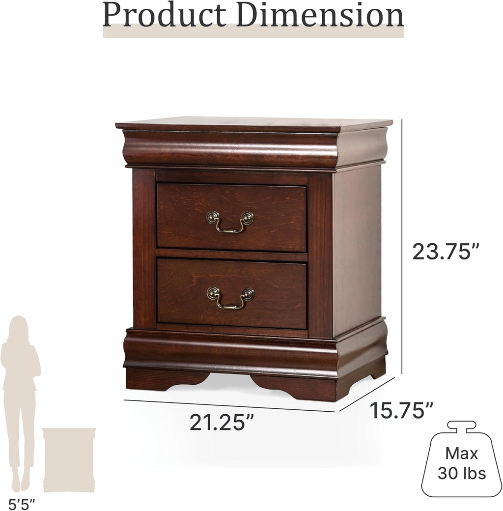 Furniture of America Louis Phillipe Traditional Solid Wood 3 Piece Bedroom Set, Twin Bed Frame and Nightstands Set of 2, Chic Sleigh Bedframe with Headboard and Footboard, Box Spring Needed, Cherry