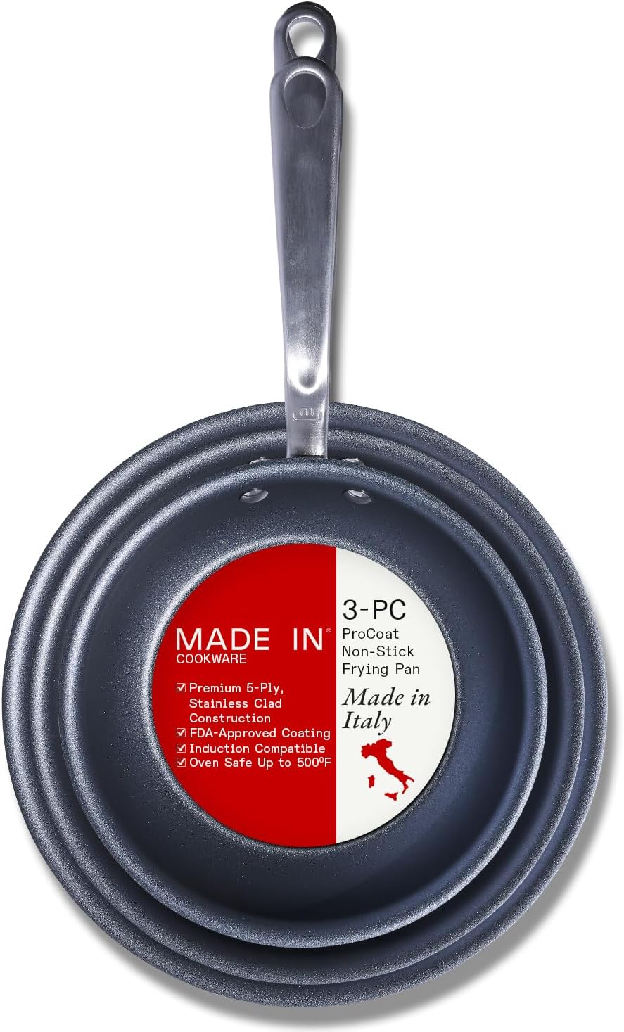 Made In Cookware | ProCoat Non Stick 3 Piece Frying Pan Set (Includes 8', 10', 12') | 5 Ply Stainless Clad | Professional Cookware | Crafted in USA | Induction Compatible | (Graphite)