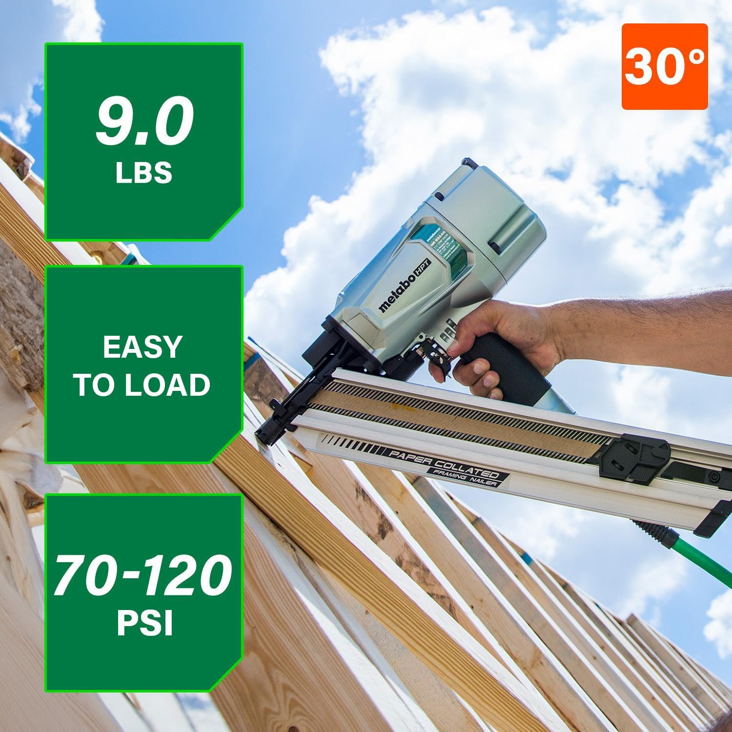 Metabo HPT Framing Nailer, Pro-Preferred Pneumatic Power Nailers in Framing Tools, Rapid Response Power Tool for Floor, Wall, & Roof Decking, Lightweight, 30° 3-1/4' Paper Collated Nails, NR83AA5
