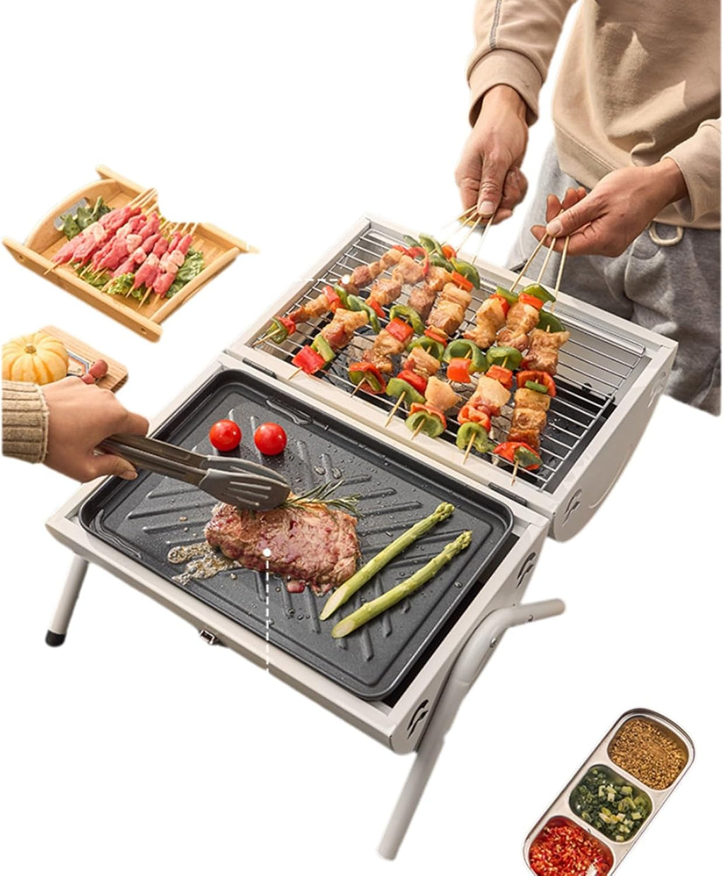 Portable Small Folding Charcoal Grill Fire Pit Grill with Griddle Rack for Camping Picnic Garden Beach Party Small Table Top Outdoor Grill (Color : White)