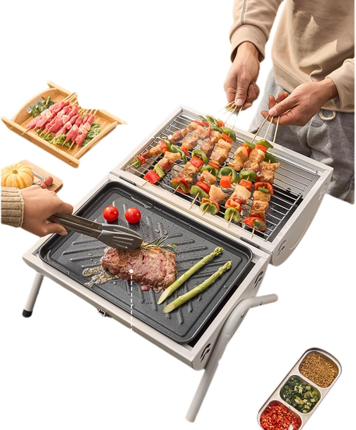 Portable Small Folding Charcoal Grill Fire Pit Grill with Griddle Rack for Camping Picnic Garden Beach Party Small Table Top Outdoor Grill (Color : White)